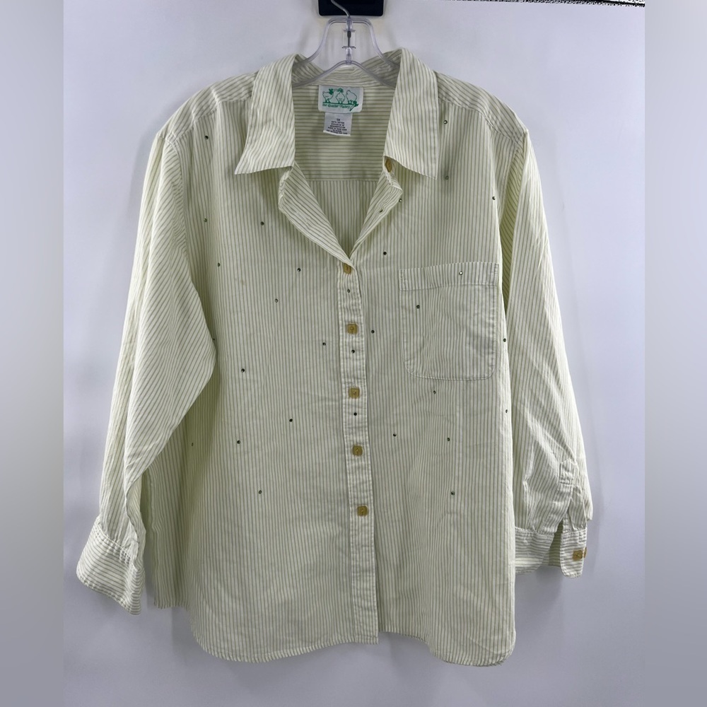 Quacker Factory striped yellow long sleeve button down shirt rhinestone studs 1X
